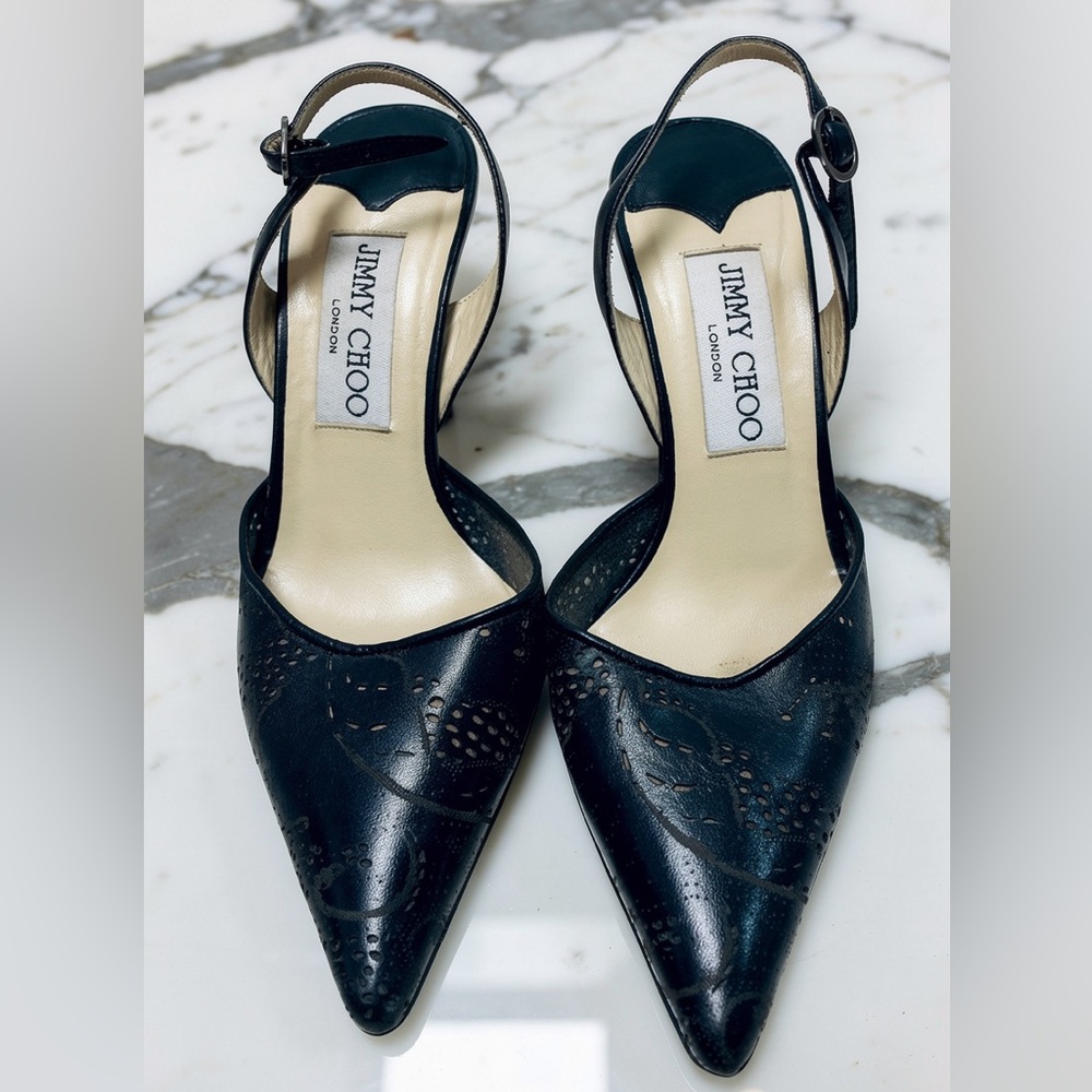 Vintage Jimmy Choo Slingback Black Leather Brogue-style Heels